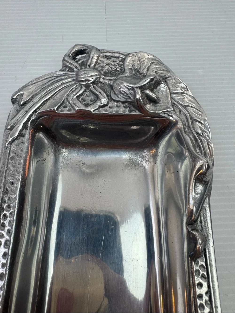 VTG Art Nouveau Cast Metal Hanging Wall Pocket Tray Ribbon Floral Catchall 12”